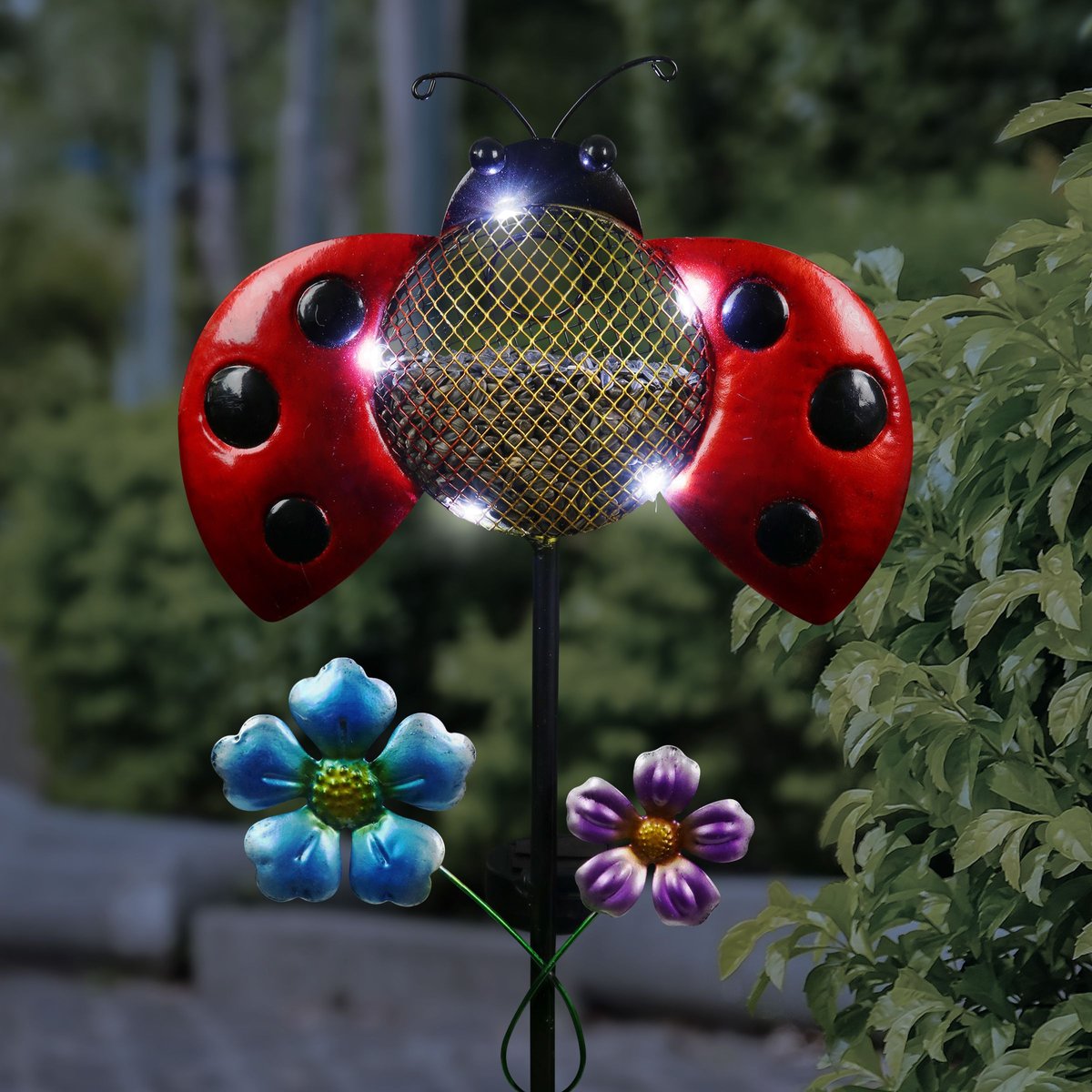 Exhart Solar Hand Painted Ladybug Metal Mesh Pellet Bird Feeder Garden Stake