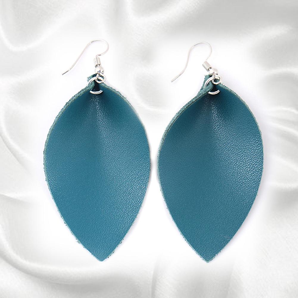 Women Fashion Ethnic Style Leaves Water Drop Artificial Leather Hook Earrings Blue