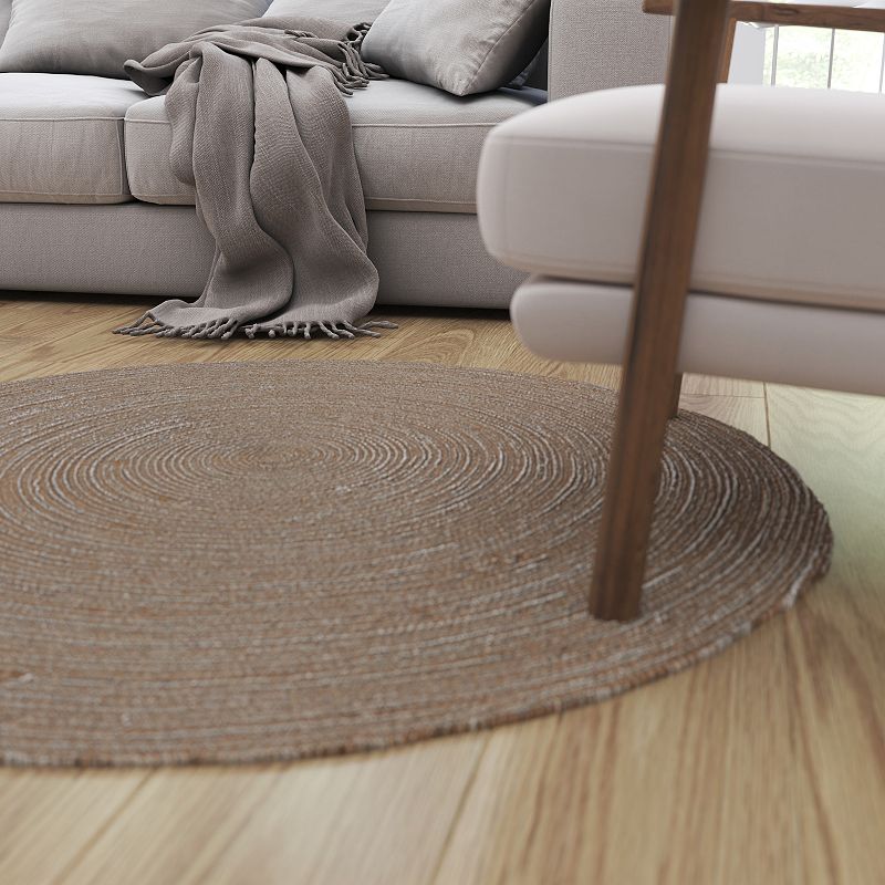 Merrick Lane 4 Foot Round Jute and Polyester Blend Indoor Braided Design Area Rug