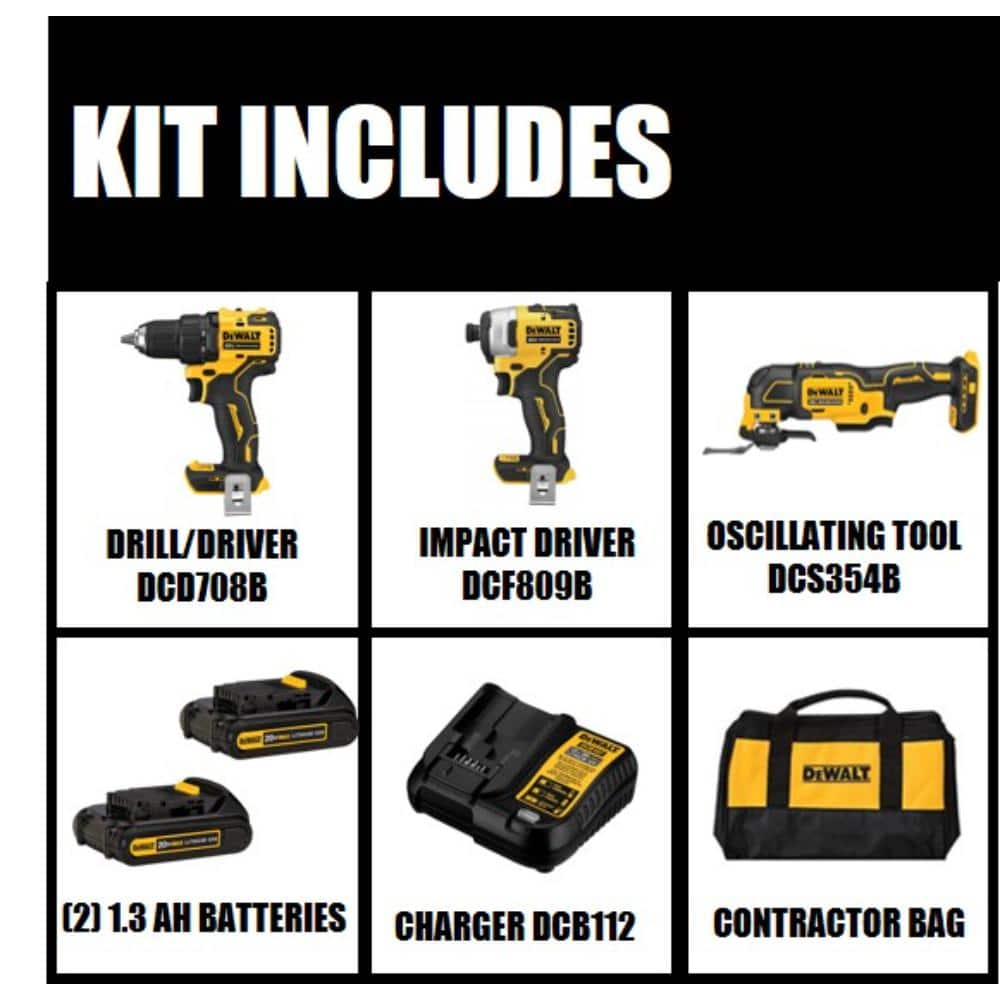 DEWALT ATOMIC 20V MAX Li-Ion Brushless Cordless Drill/Impact 2 Tool Combo Kit, Oscillating Tool, and (2) 1.3Ah Batteries DCK278C2W354B