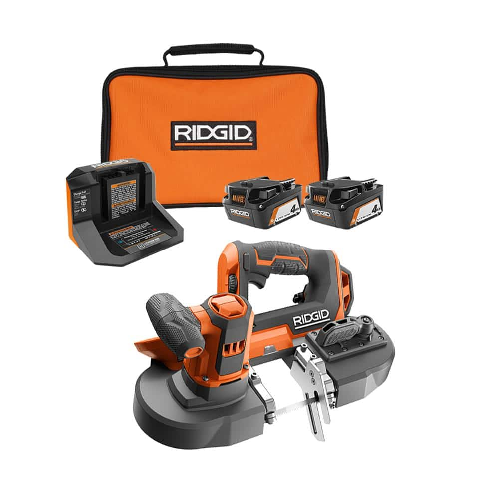 RIDGID 18V Cordless Compact Band Saw with (2) 4.0 Ah Batteries, 18V Charger, and Bag R8604B-AC93044SBN