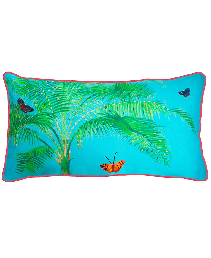 Edie@Home NYBG Indoor， Outdoor Tropical Palm with Ribbon Embroidery Decorative Pillow， 14