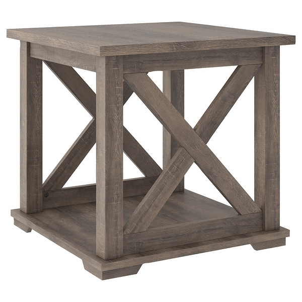 Wooden Square End Table with Bottom Shelf and Cross Design Sides， Brown - 22 H x 23 W x 23 L