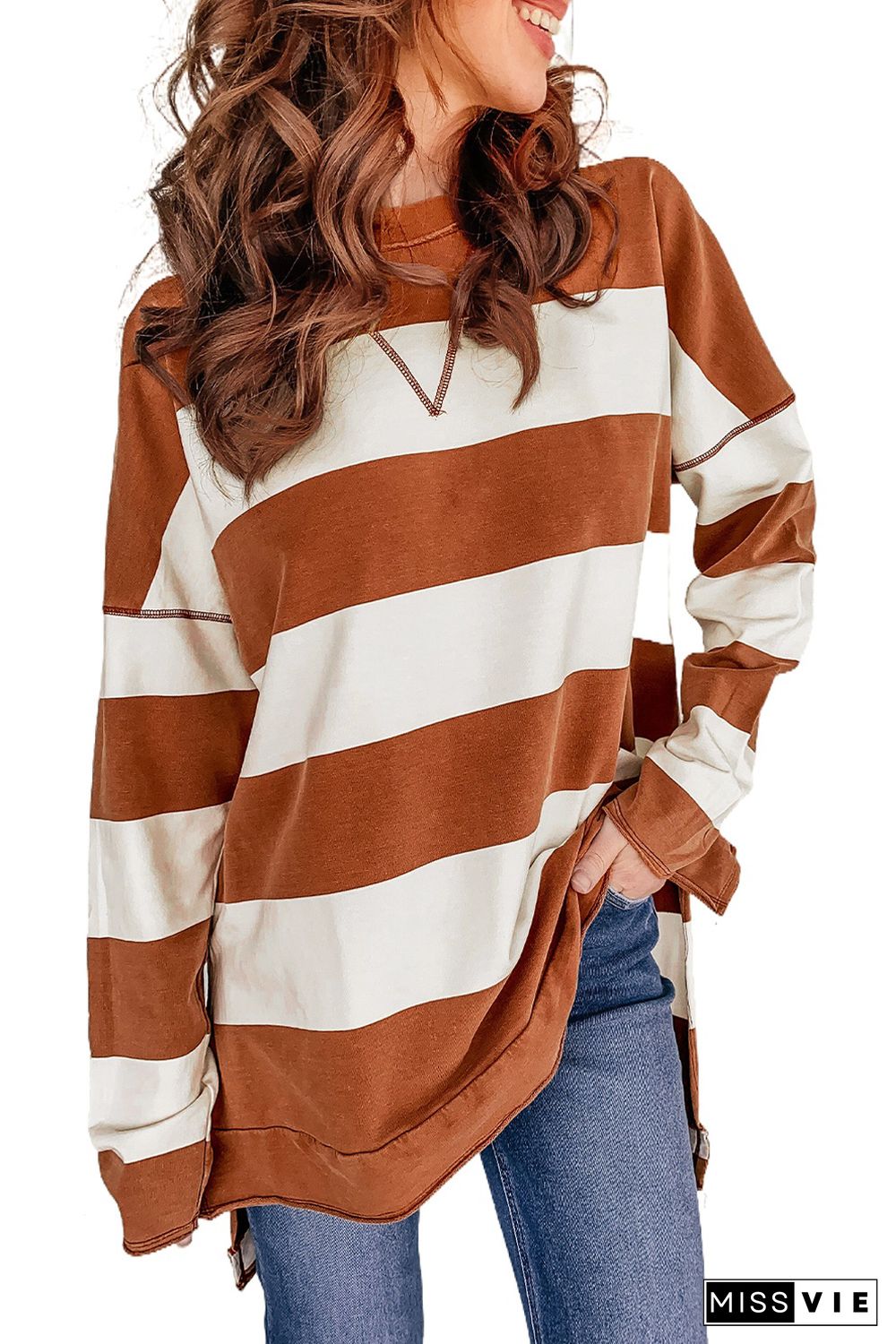 Brown Striped Drop Shoulder Pullover Sweatshirt