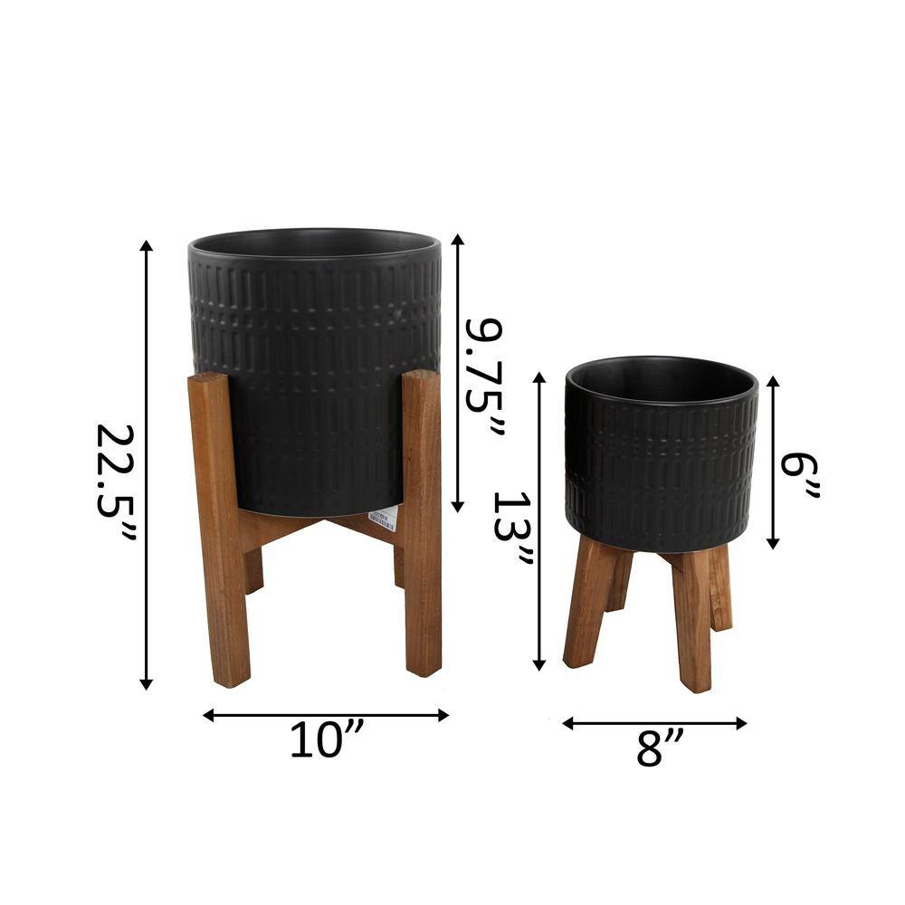 Flora Bunda 10 in. and 8 in. Matte Black Ceramic Roman Planter on Wood Stand Mid-Century Planter (Set of 2) CT740E2-MTBK