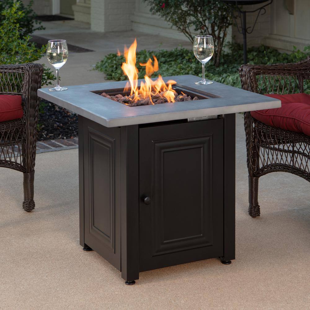 FIRE ISLAND The Wakefield 28 in. x 24.8 in. Square Steel Base Resin Mantel LP Gas Fire Pit Table in Concrete Grey and Black GAD15410M