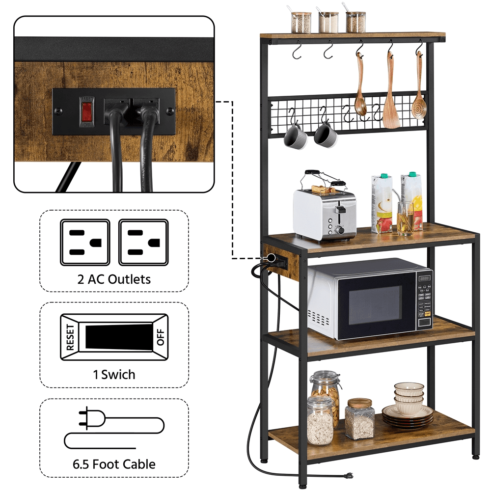 Topeakmart 4-tire Baker’s Rack with Power Outlet with 10 Hooks and Adjustable Feet for Kitchen， Rustic Brown