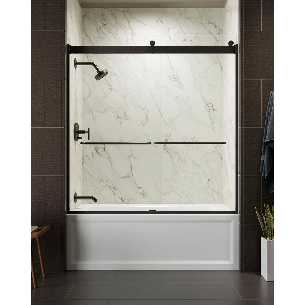 KOHLER Levity 59.625 in. W x 62 in. H Frameless Sliding Tub Door with Handles in Anodized Dark Bronze 706004-L-ABZ