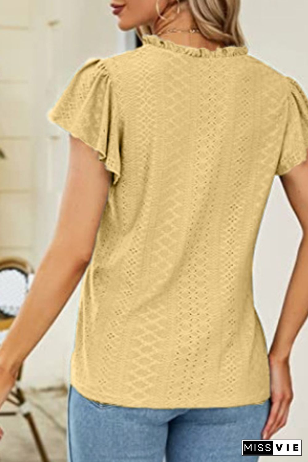 Eyelet Pattern Frilled Split Collar Ruffles Sleeves Tee