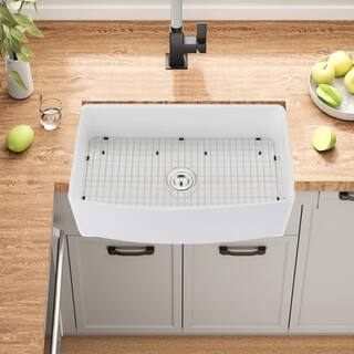 Maincraft White Fireclay 33 in. Single Bowl Farmhouse Apron Kitchen Sink with Bottom Grid HK12-2567052