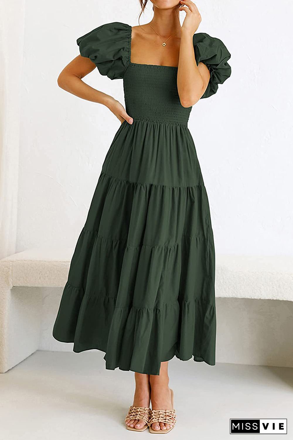 Square Neck Puff Sleeves Tiered Long Dress