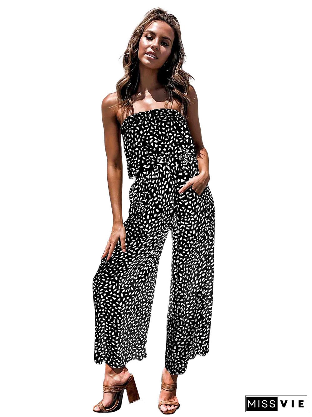 Anna-Kaci Women's Off Shoulder Jumpsuit Printed Belted Elastic Waist Wide Leg Romper with Pockets