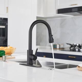 FORIOUS Single-Handle Kitchen Faucet with Pull Down Sprayer High-Arc Kitchen Sink Faucet with Deck Plate in Matte Black HH0023CB