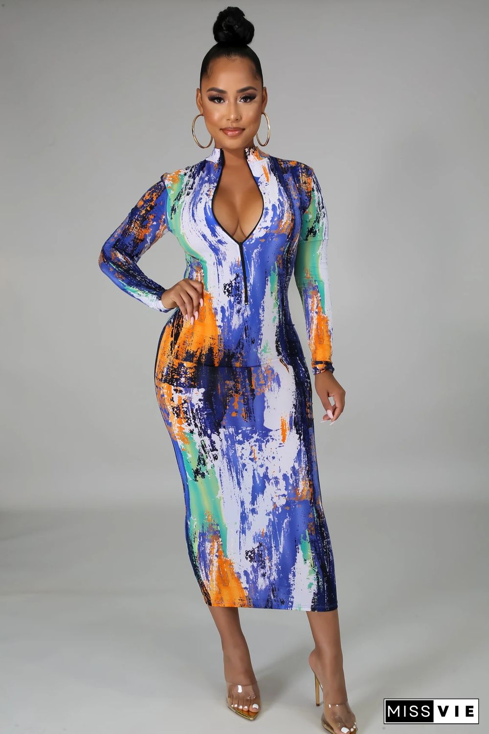 Tie Dye Printing Fashion Long Sleeve Round Neck Back Zipper Partywear Summer Bodycon Maxi Long Dress