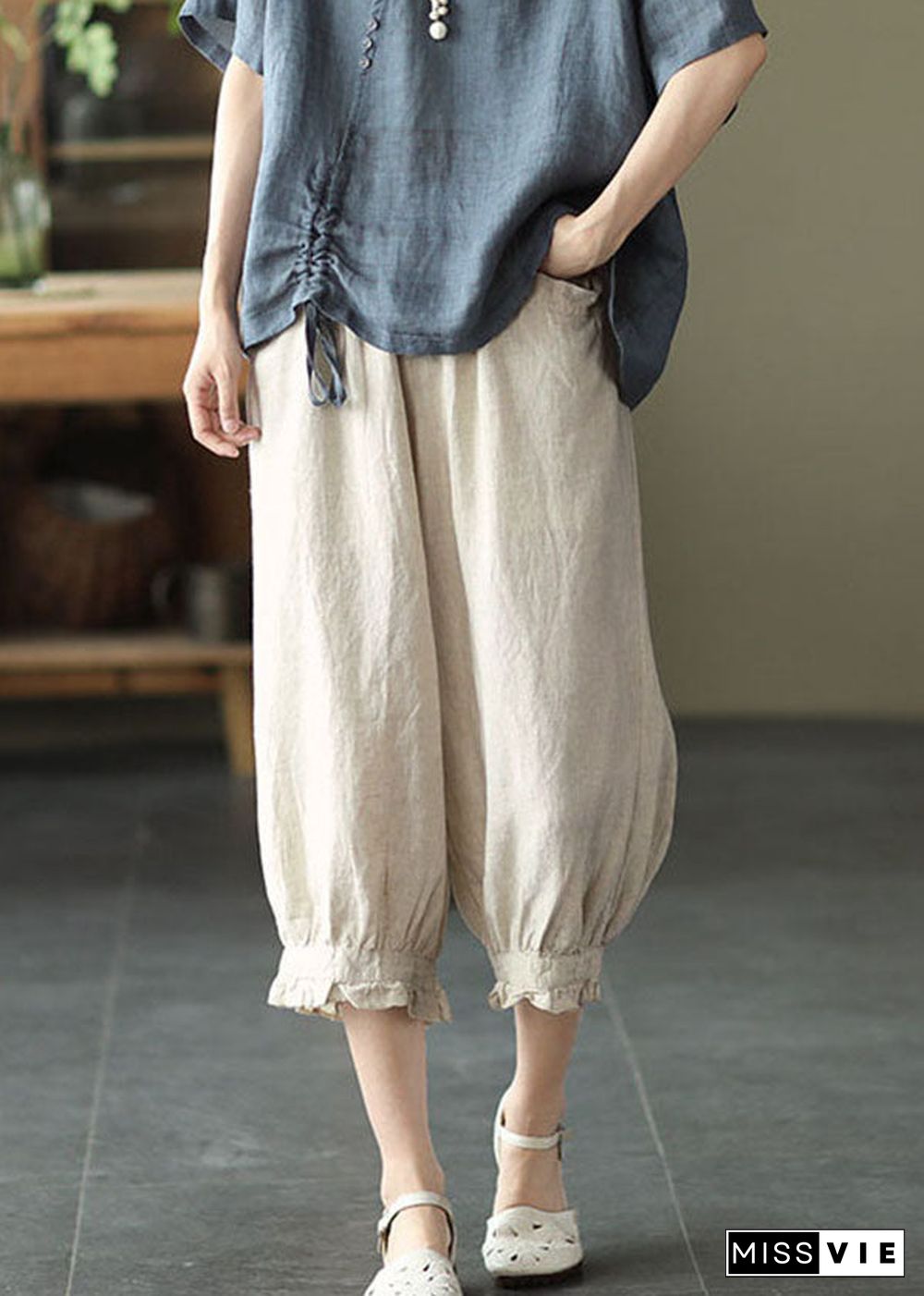 Beige Pockets Patchwork Linen Crop Pants Elastic Waist Summer