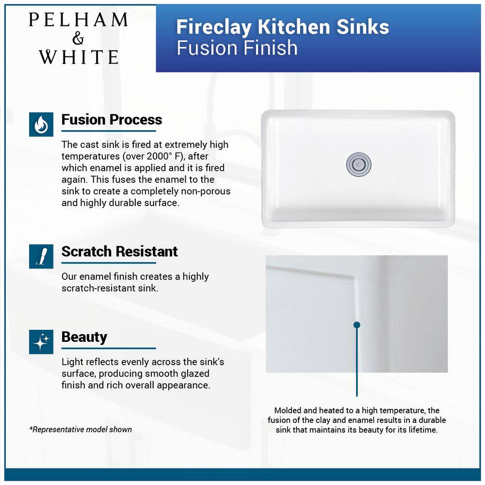 PELHAM  WHITE Kingsbridge Fireclay 32.5 in. Single Bowl Farmhouse Apron Kitchen Sink with Farmhouse Faucet Bottom Grid Drain PWS533-C