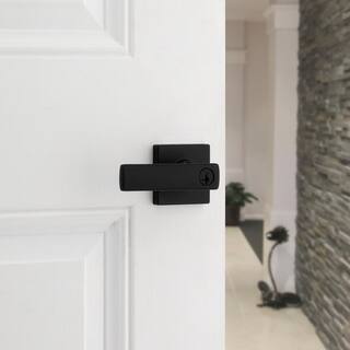 Kwikset Breton Square Matte Black Keyed Entry Door Handle Featuring SmartKey Technology and Microban 405BRNLSQT514SM