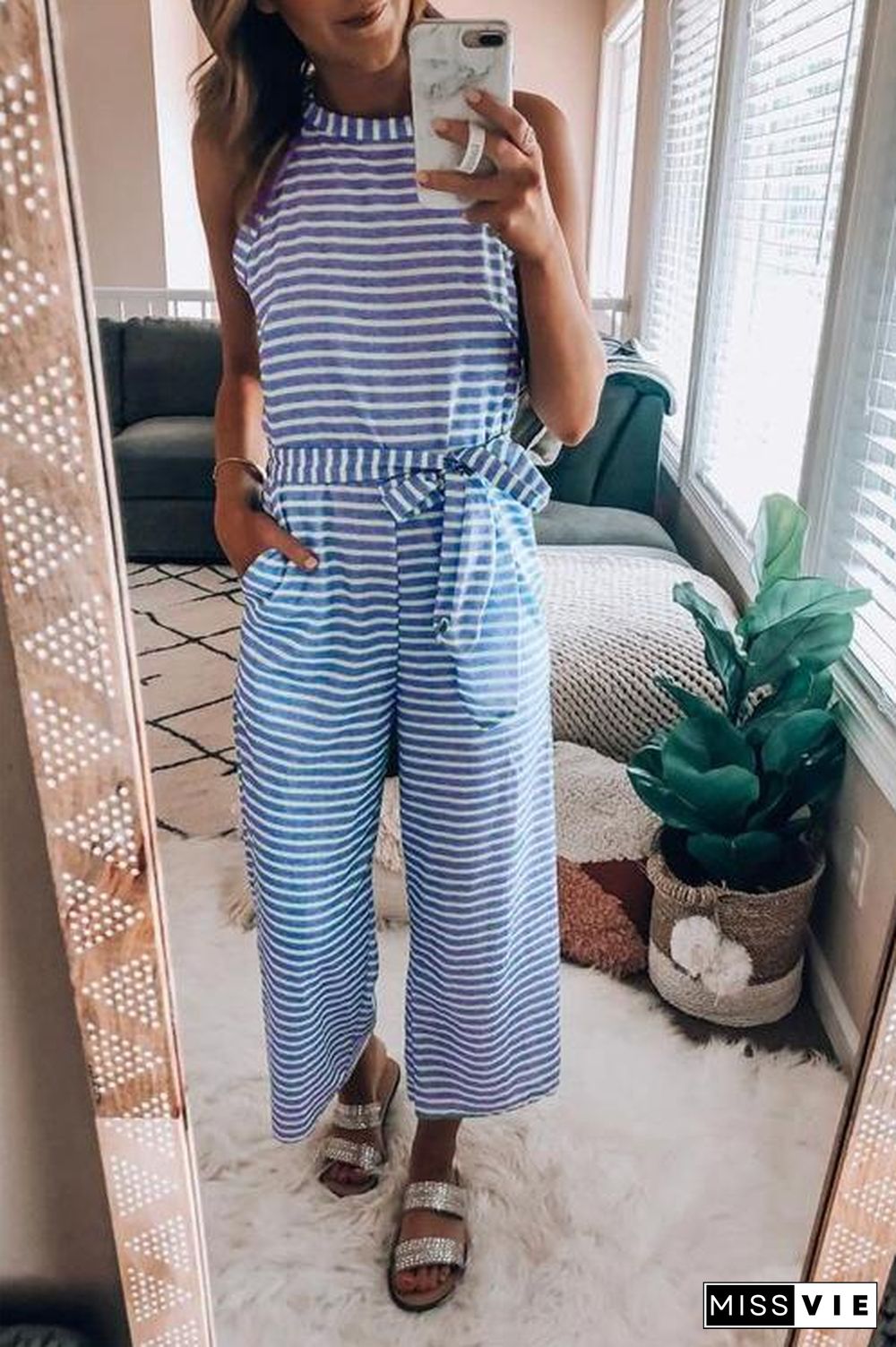 Striped Wide Leg Knot Jumpsuit