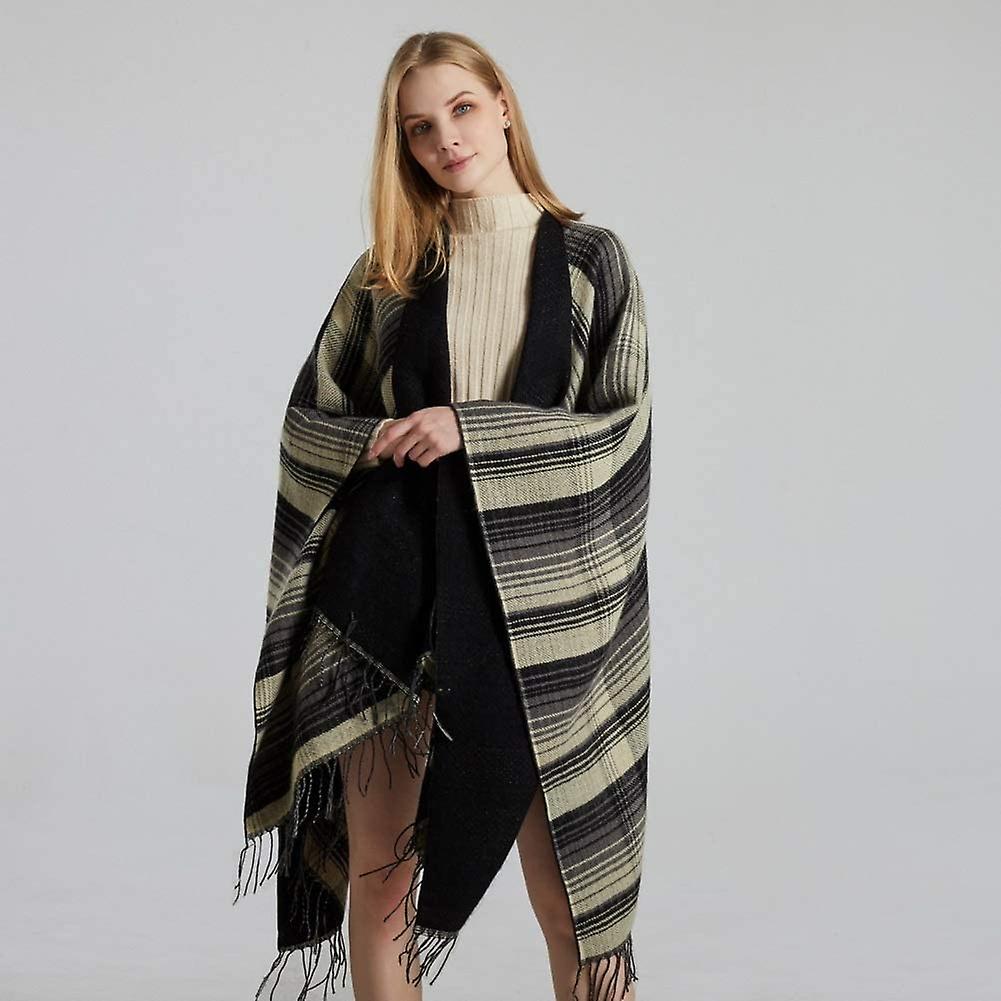 Women's Tassel Plaid Poncho Pashmina Shawl Wrap Cape Sweater Black -