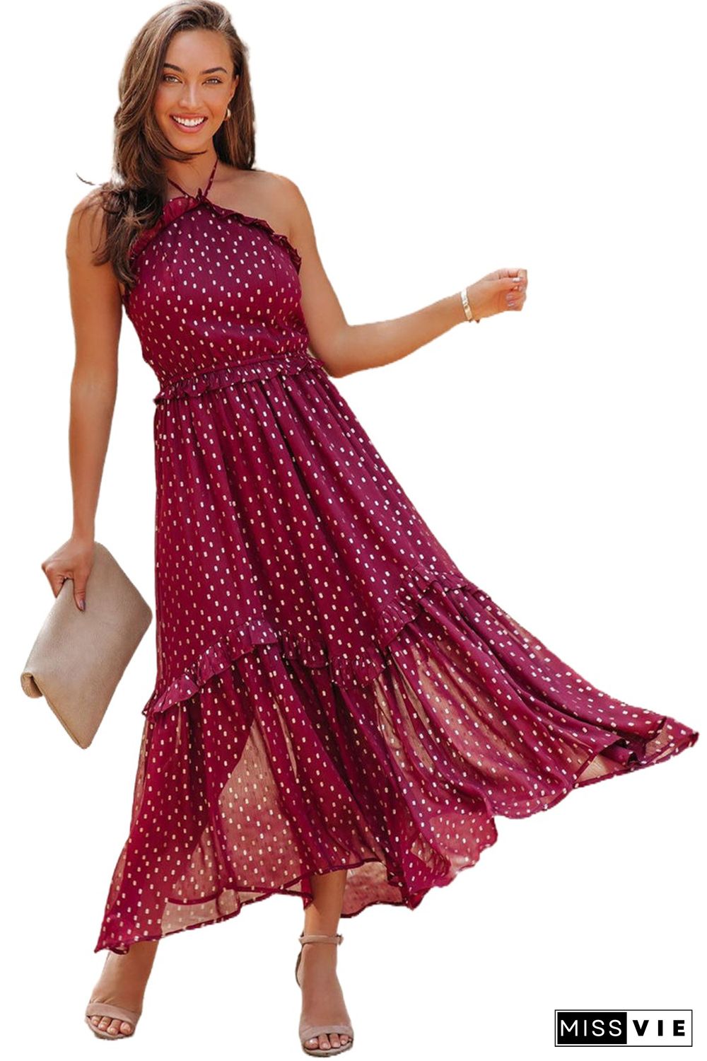 Red Polka Dot Print Ruffled Halter Neck Backless Long Dress