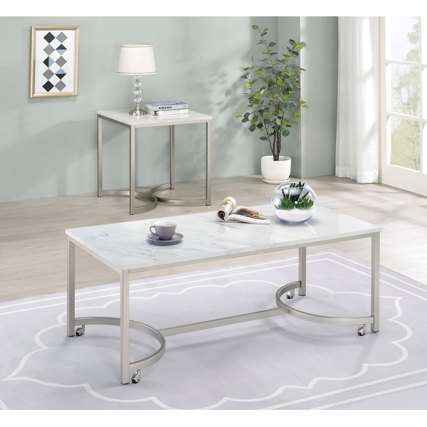 Mia White Faux Marble and Satin Nickel Coffee Table