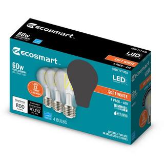 EcoSmart 60-Watt Equivalent A19 Dimmable Clear Glass Filament LED Light Bulb Soft White (4-Pack) 11CFA1960WESD01