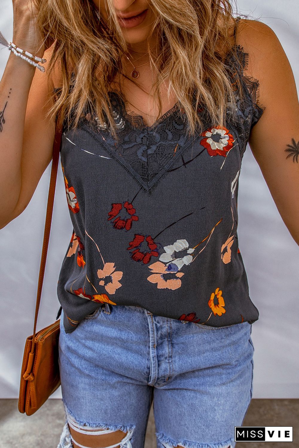 Blue Floral Print Lace Contrast Tank Top