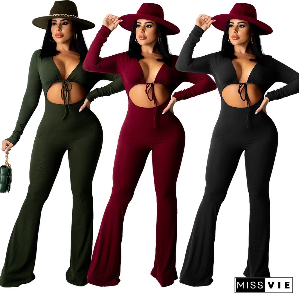 Ribbed Cropped Stretch Pit Strip Long-sleeved Flared Jumpsuit