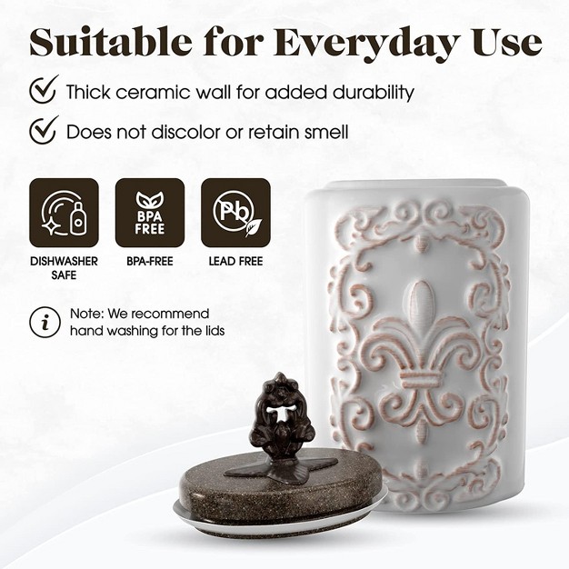 American Atelier Food Storage Ceramic Canister Jar Fleur De Lis Embossed Design amp Airtight Stainless steel Lid For Sugar Flour amp More White