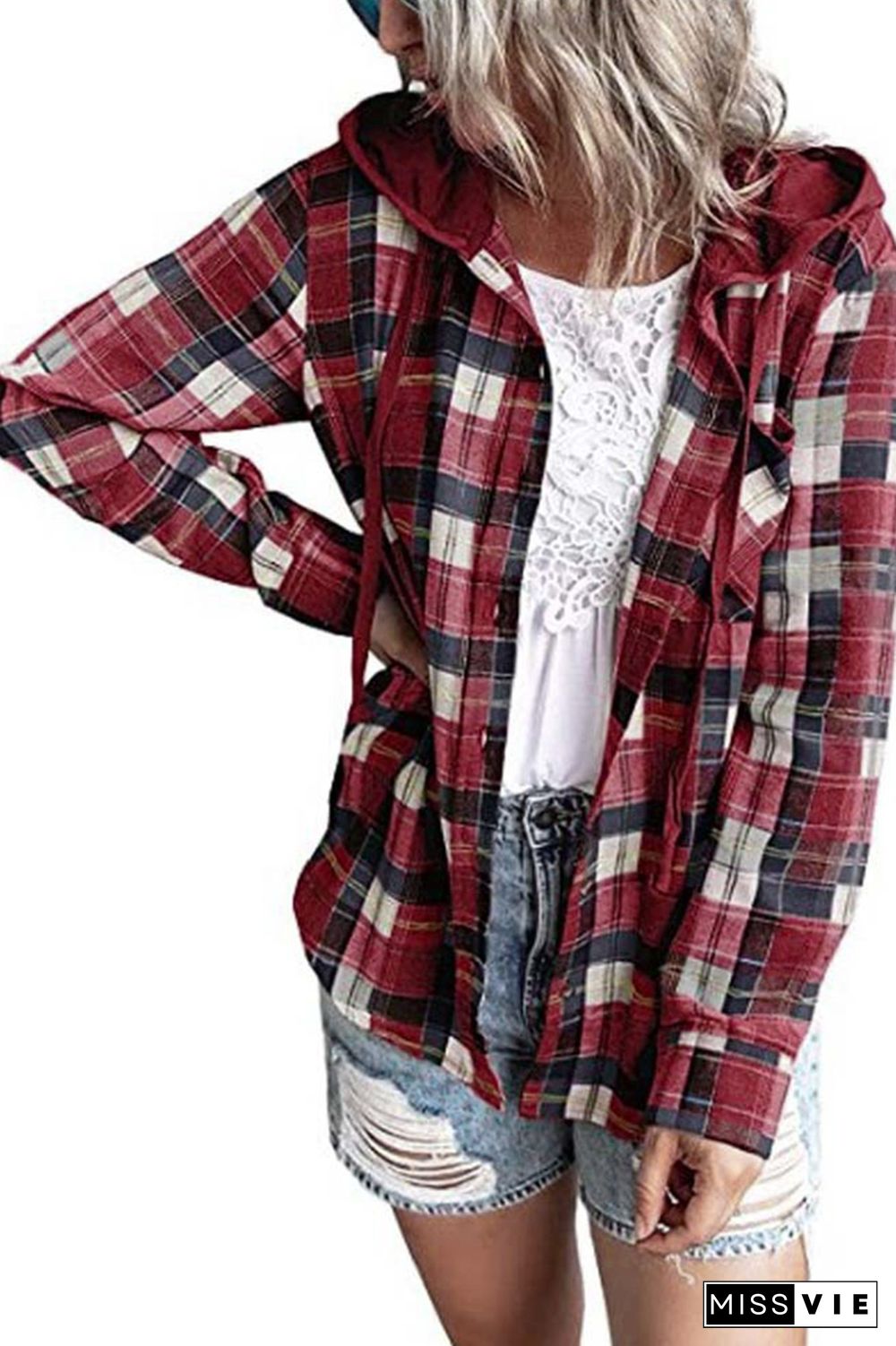 Plaid Button Front Hoodies Shacket Shirt Women Wholesale