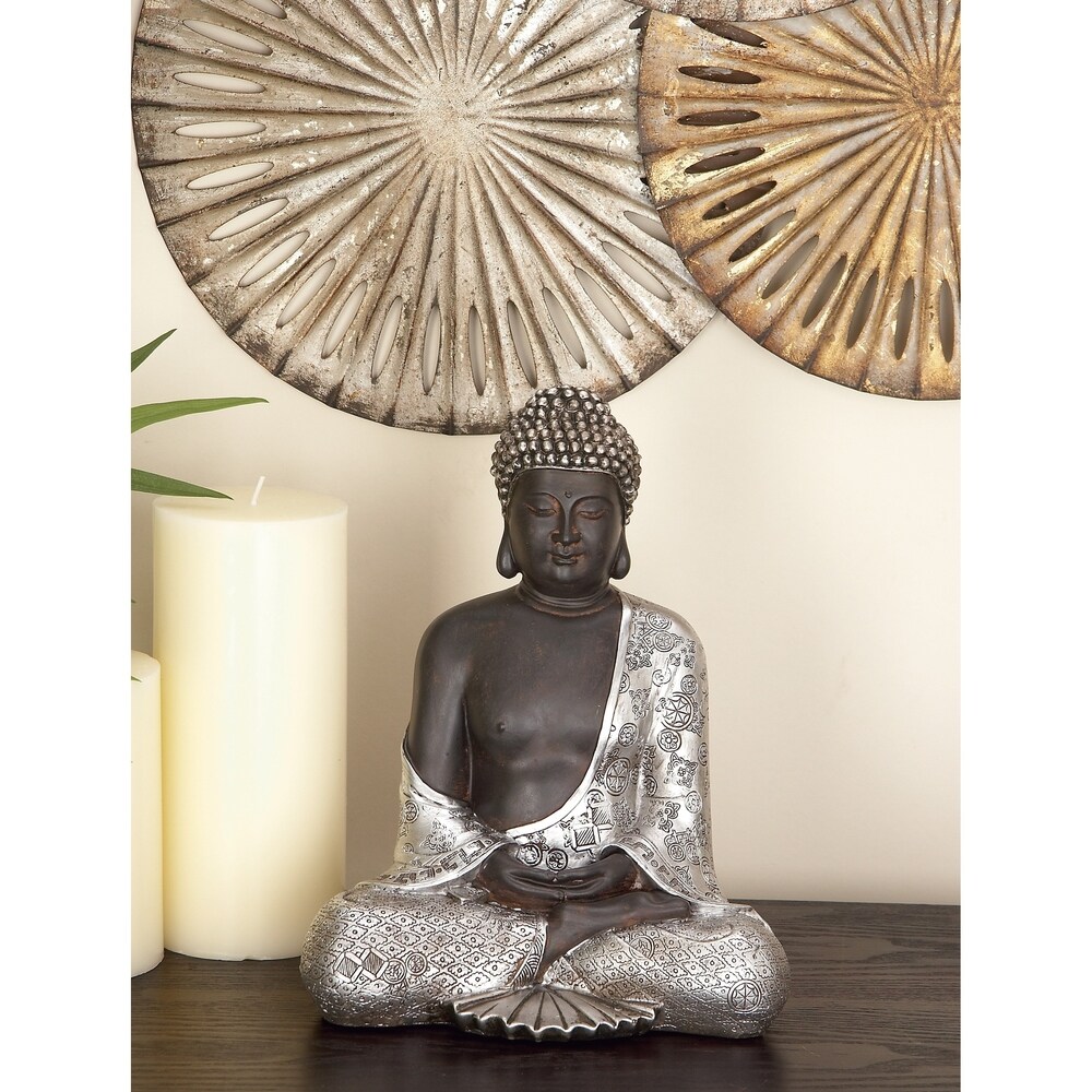 Silver Polystone Bohemian Buddha Sculpture with Engraved Carvings and Relief Detailing   9 x 5 x 11