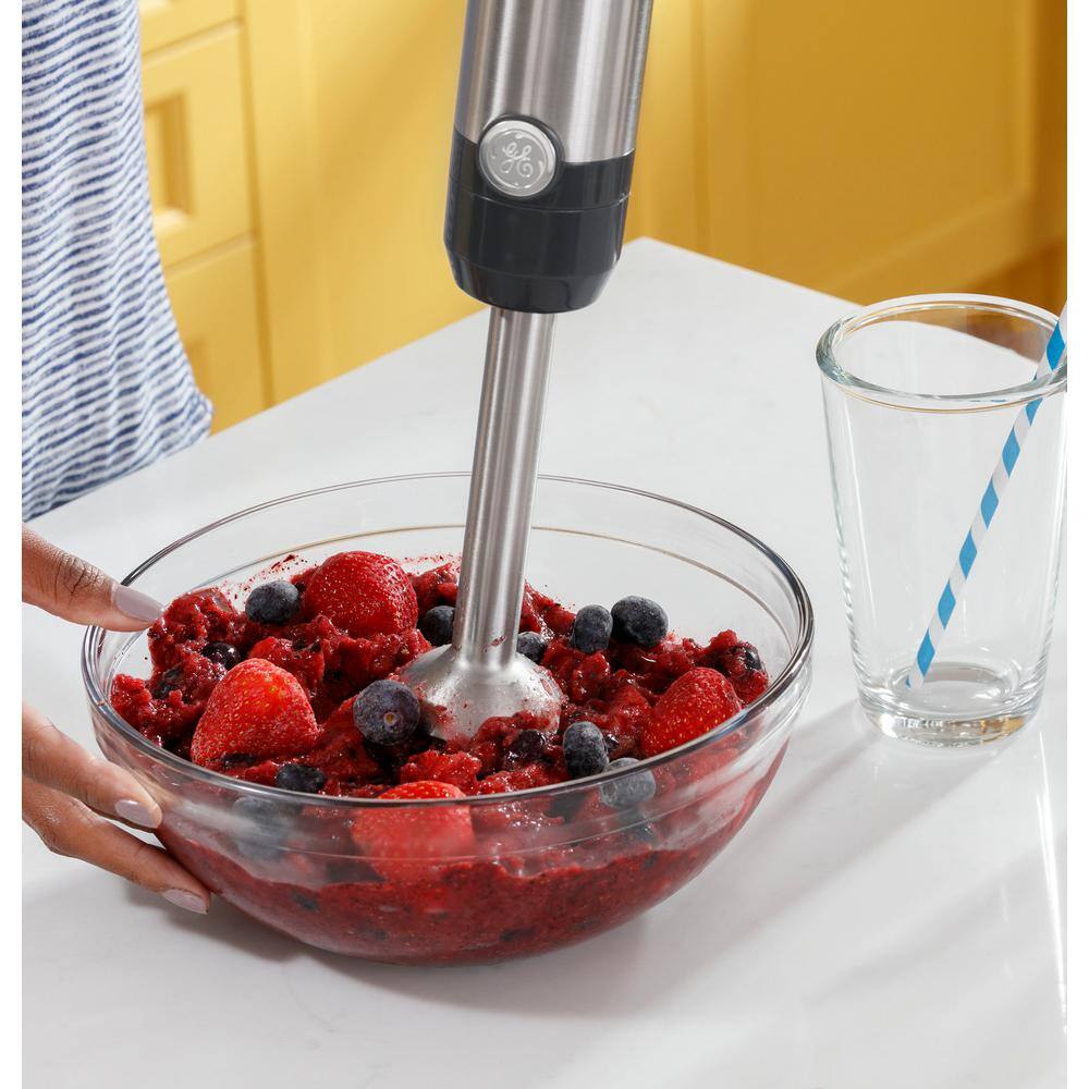 GE 2-Speed Stainless Steel Immersion Hand Blender with Whisk Blending and Chopping Jar Attachments G8H1AASSPSS