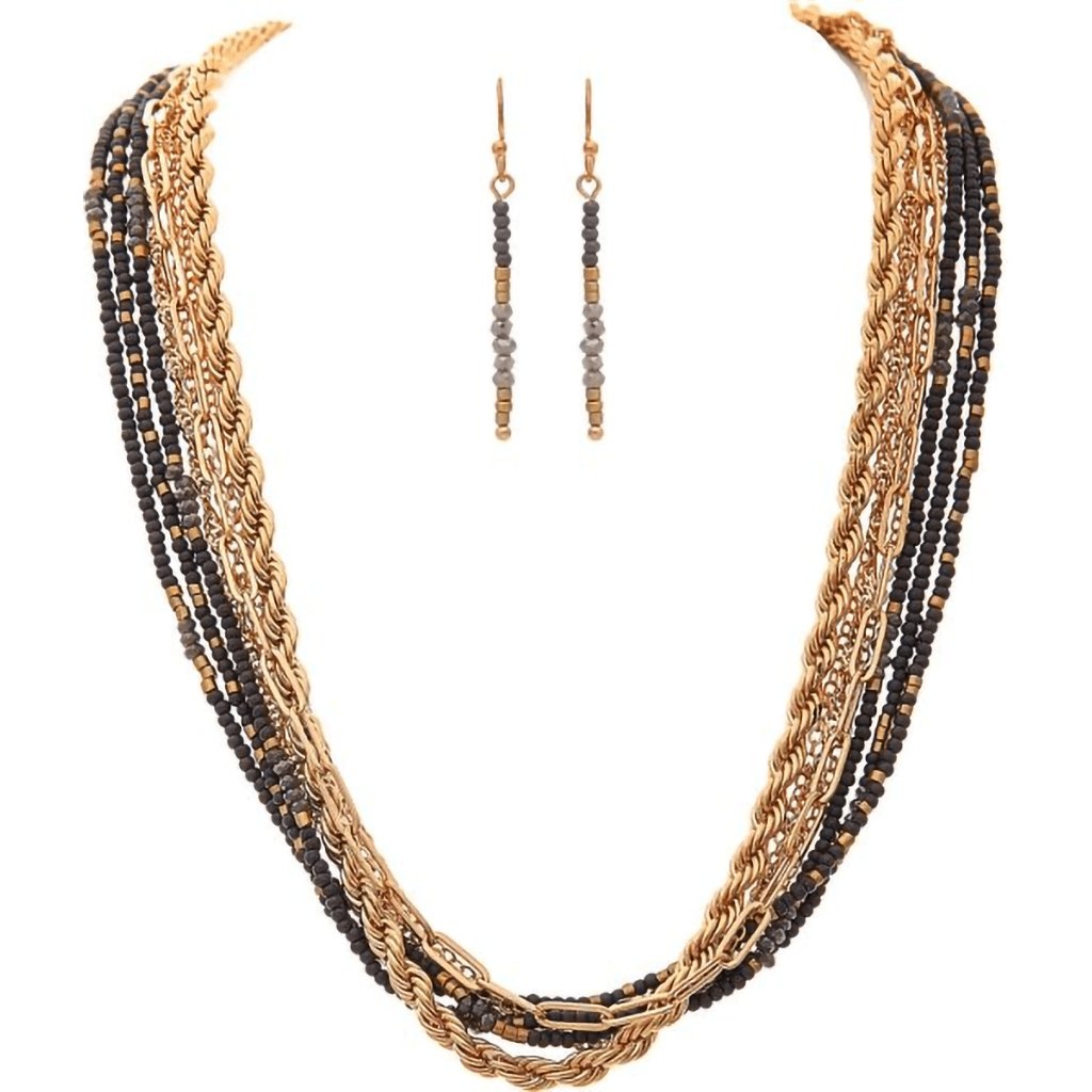 Rain  Gold Grey Bead Layered Chains Necklace Set