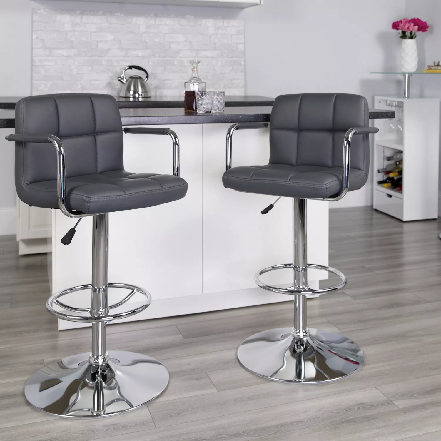 Emma and Oliver Adjustable Bar Stools Set of 2 Counter Height Barstools with Back and Armrest