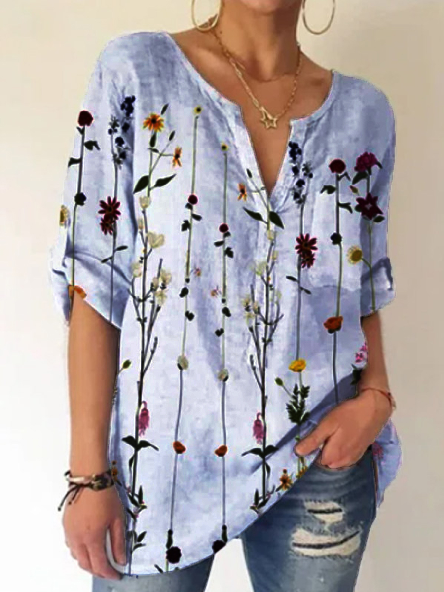 Ladies V-neck Floral Print Fashion Short-sleeved Blouse