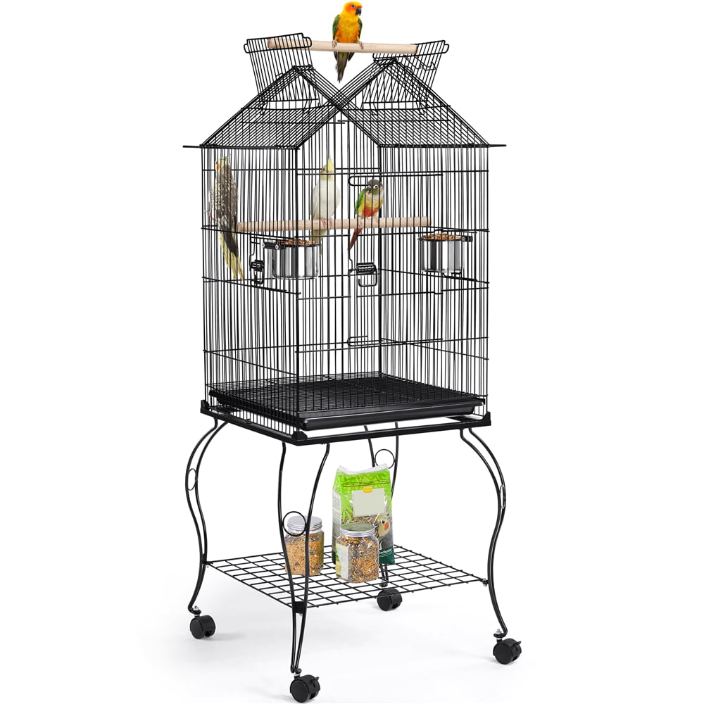 Yaheetech 57''H Open Top Metal Parrot Cage Bird Cage with Rolling Wheels Perches Slide-Out Tray For Cockatiels， Black