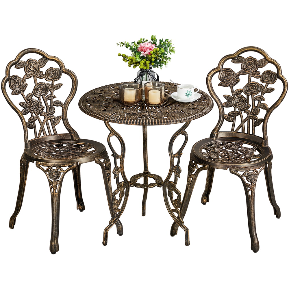 Yaheetech 3 Piece Patio Bistro Table Set with Umbrella Hole Outdoor Metal Furniture, Bronze