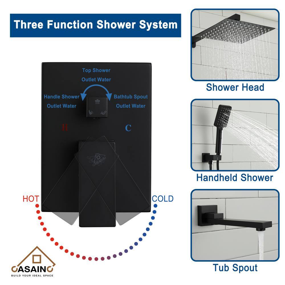 CASAINC 3-Spray Patterns with 2.5 GPM 10 in. Tub Wall Mount Dual Shower Heads in Spot Resist Matte Black Rough-in Valve OY-98A1003-MB