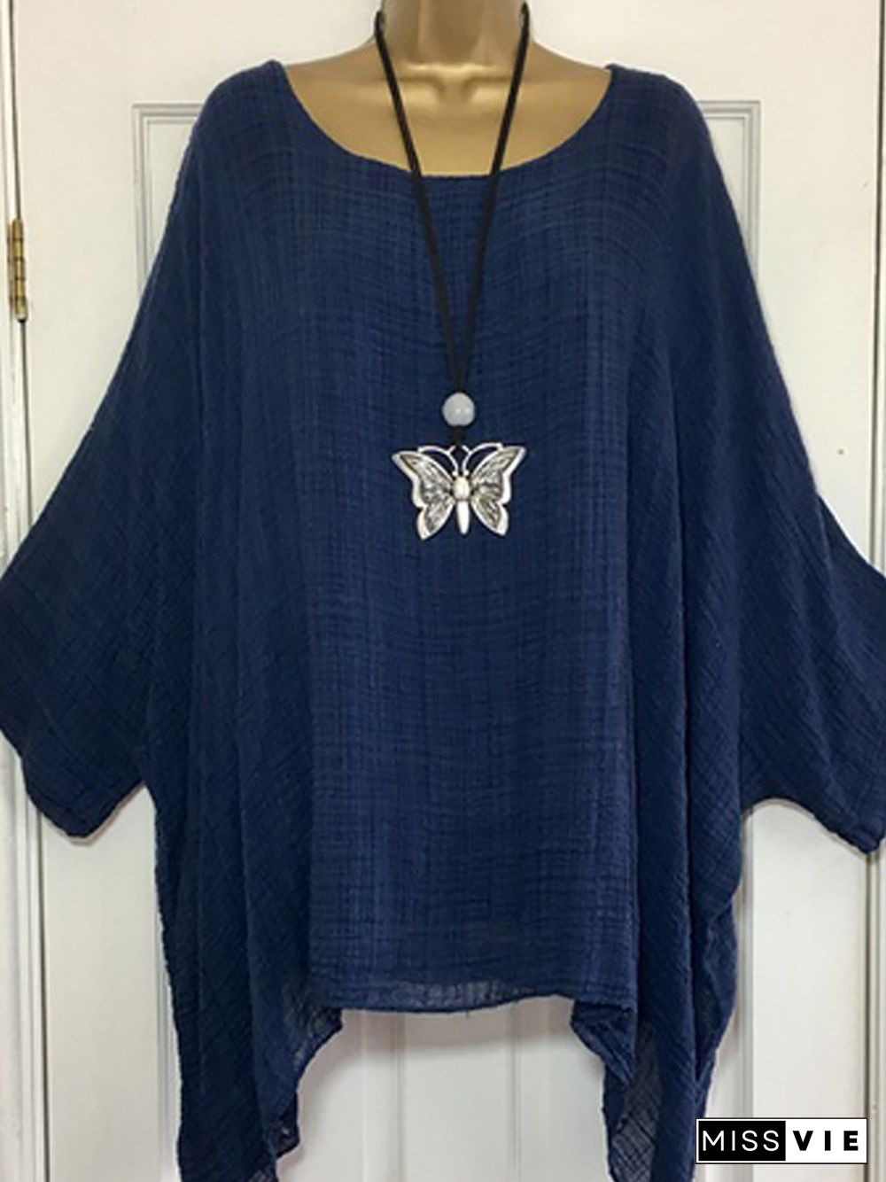 Printed/Dyed Casual Batwing Crew Neck Plus Size Blouse