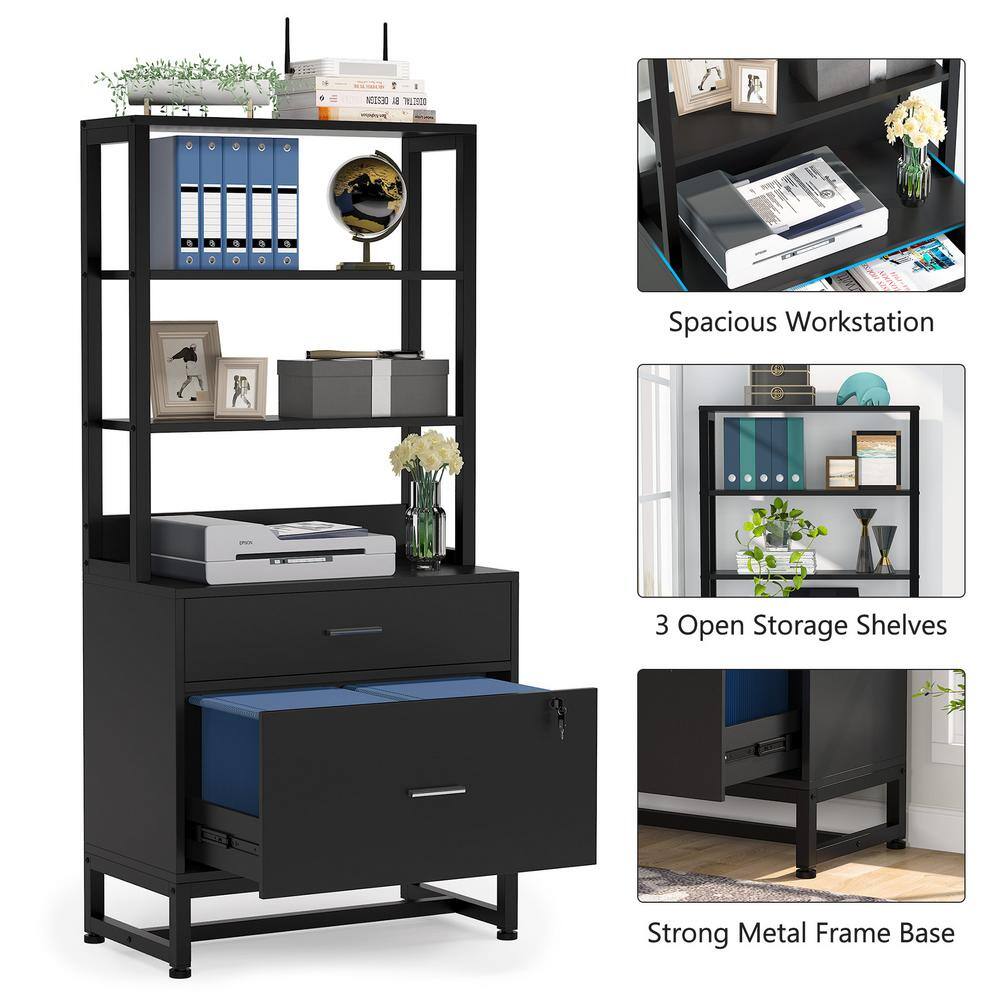 BYBLIGHT Atencio Black 2-Drawer Vertical File Cabinet with Lock and Open Bookshelf BB-C0575XL