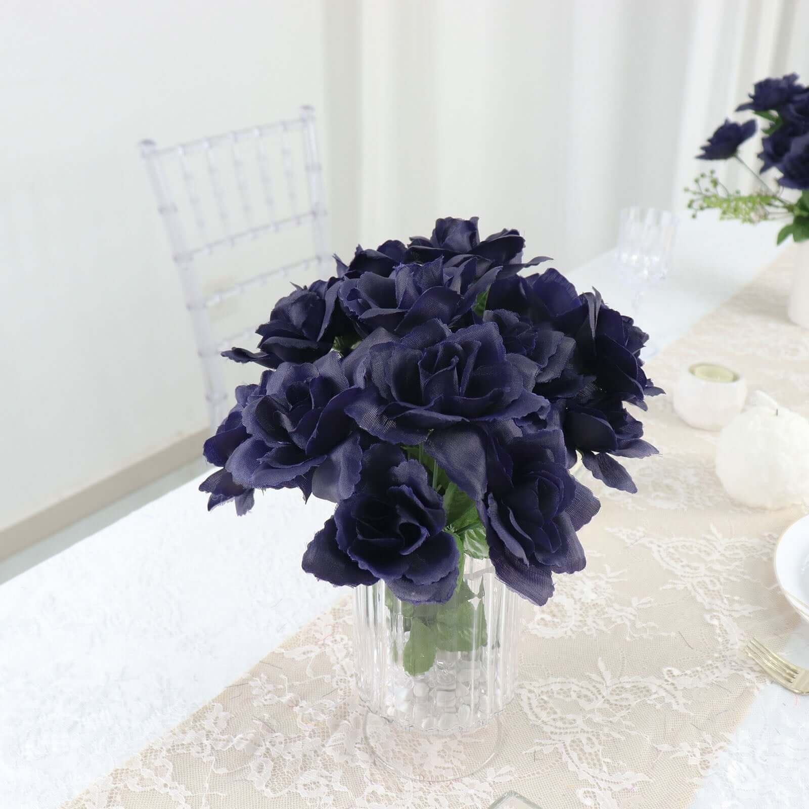 12 Bushes Navy Blue Artificial Premium Silk Blossomed Rose Flowers 84 Roses