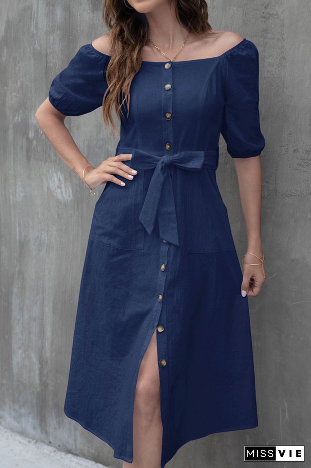 Lantern Sleeve High Waist Buttoned Midi Dress Wholesale