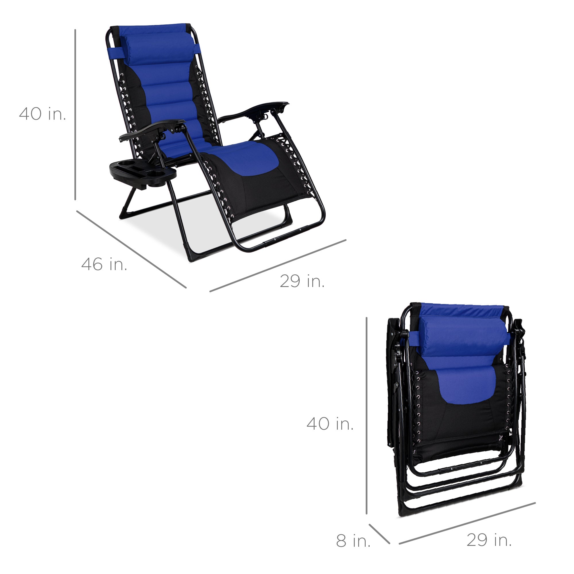 Best Choice Products Oversized Padded Zero Gravity Chair, Folding Outdoor Patio Recliner w/ Headrest, Side Tray - Blue