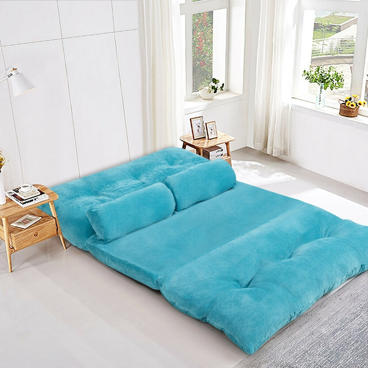 Adjustable Floor Sofa Couch with 2 Pillows, Multi-Functional 6-Position Foldable Lazy Sofa Sleeper Bed