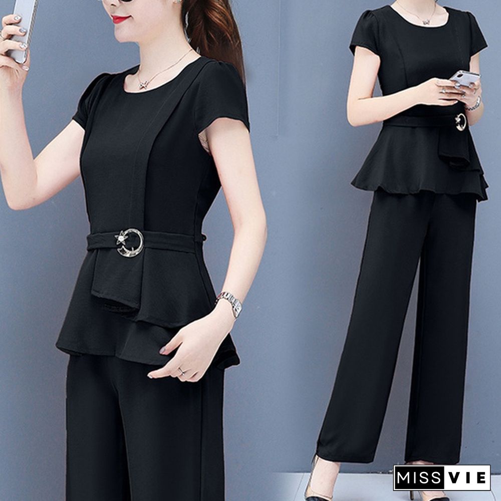 Summer 2 Two Piece Sets Outfits Women Plus Size Short Sleeve Tunics Tops And Pants Suits Office Elegant Korean Sets