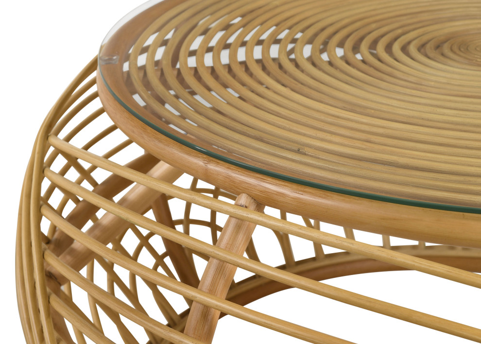 Dahlia Round Glass Top Woven Rattan Coffee Table Natural Brown   Modern   Coffee Tables   by Modon  Houzz