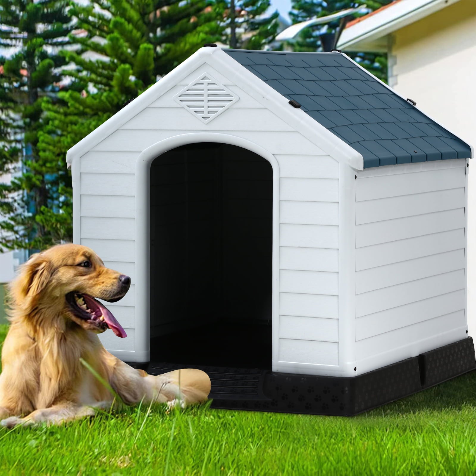 Plastic Dog House 32 inch Large Dog Houses for Small to Large Dogs， All Weather Indoor Outdoor Doghouse with Base Support for Winter Tough Durable House