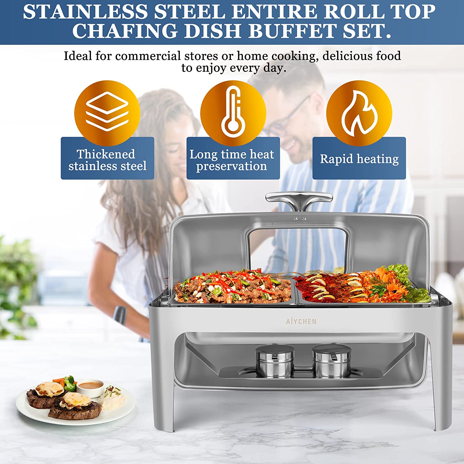 Lafati Luxury Chafing Dish Buffet Set: 9 QT Chafers and Buffet Warmers in High-Grade Stainless Steel with Gas Container， Visual Lid， Spoon， Temperature Control， for Exquisite Event Supplies (2 Pan)