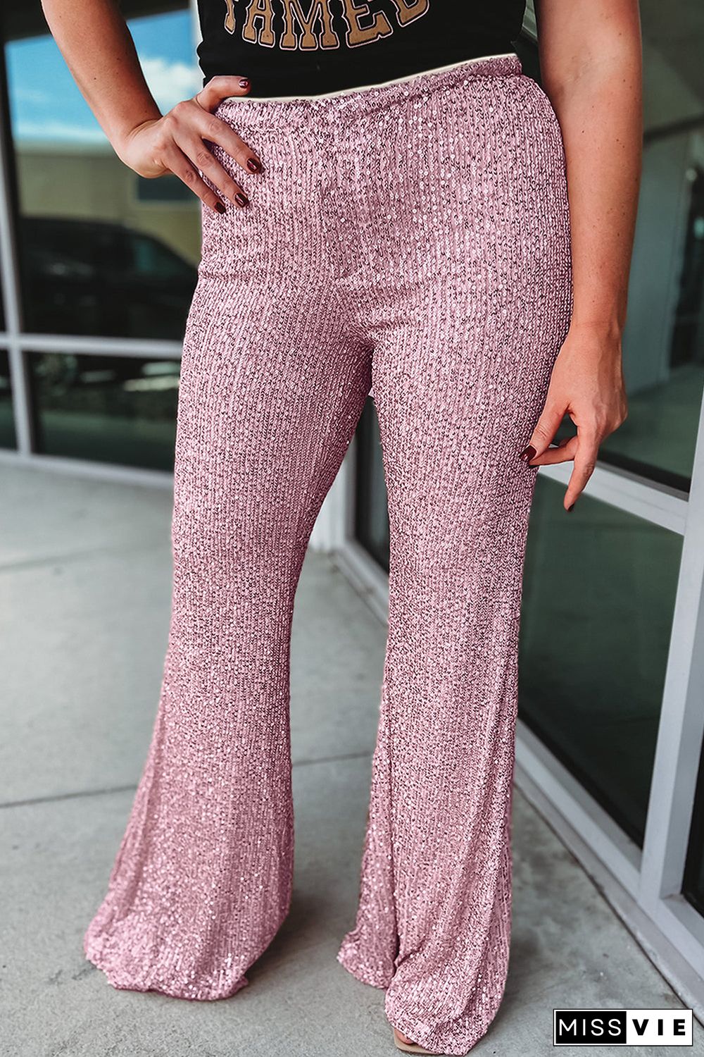 Pink Shiny Sequin Plus Size Flowy Flare Pants