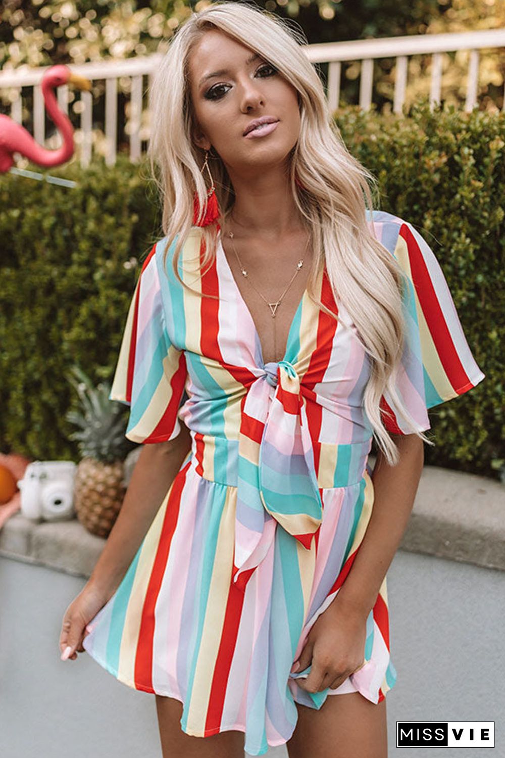 Multicolor Stripe Print Tie V Neck Flowy Romper